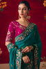 Teal Green Floral Embroidered Silk Saree with Magenta Blouse