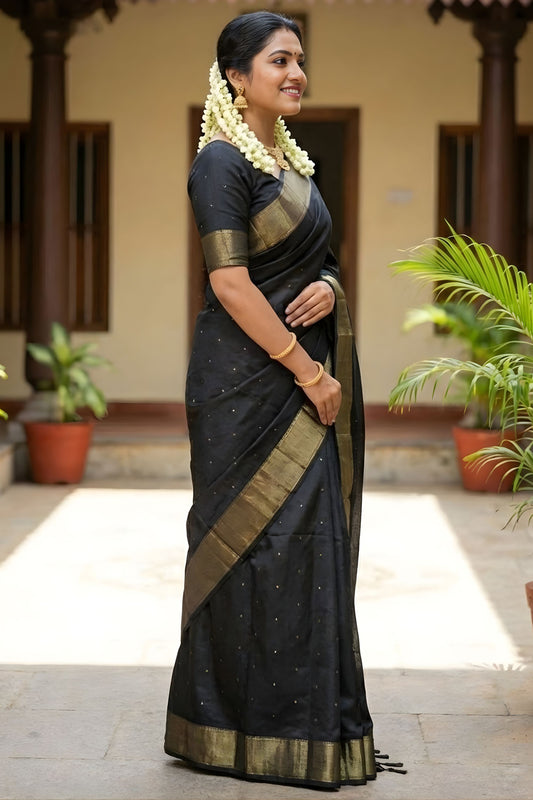 Black Traditional Silk Saree with Gold Zari Border Horse Motif Pallu