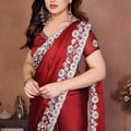 Red Satin Silk Saree with Heavy Floral Embroidered Border Designer Blouse