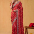 Royal Red Floral Embroidered Organza Silk Saree Heavy Sequins Border