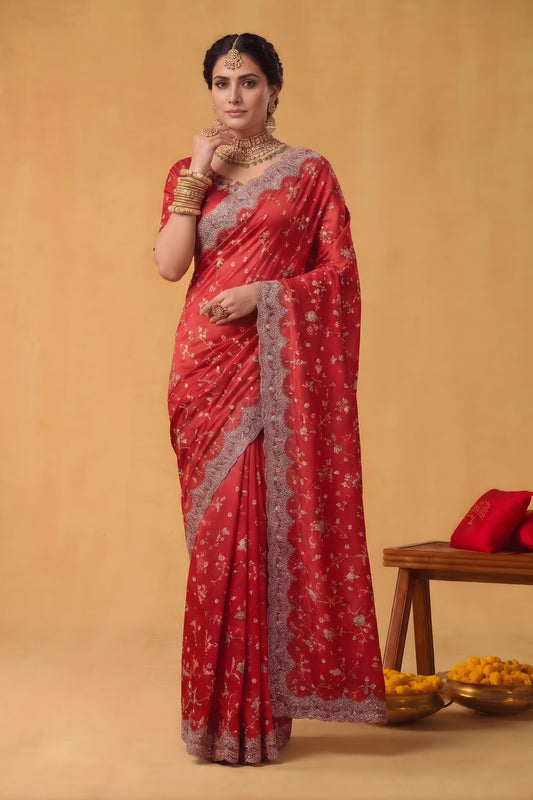 Royal Red Floral Embroidered Organza Silk Saree Heavy Sequins Border