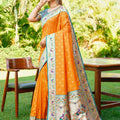 Orange Silk Saree with Teal Border Peacock Floral Weaving Work