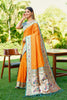 Orange Silk Saree with Teal Border Peacock Floral Weaving Work