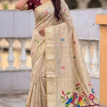 Cream Beige Tussar Silk Saree Multicolor Floral Embroidery Designer Pallu