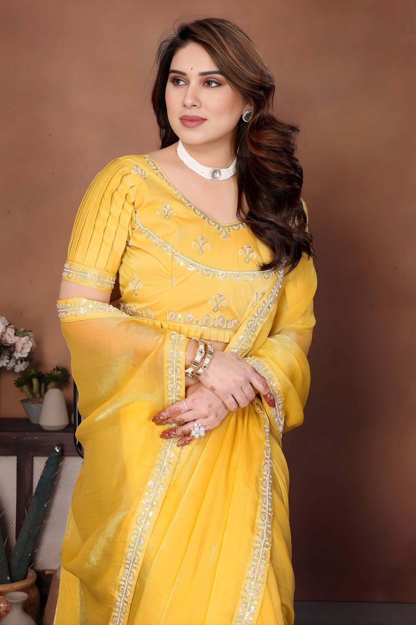 Yellow Designer Organza Saree with Embroidered Border