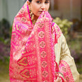 Beige Silk Saree Pink Woven Border Traditional Banarasi Design