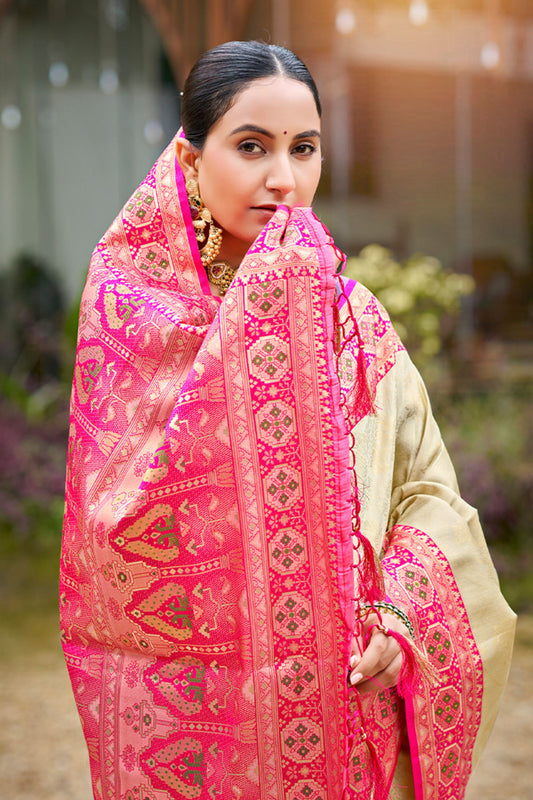 Beige Silk Saree Pink Woven Border Traditional Banarasi Design