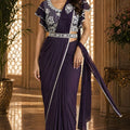 Deep Purple Designer Ready to Wear Saree Embroidered Ruffle Blouse
