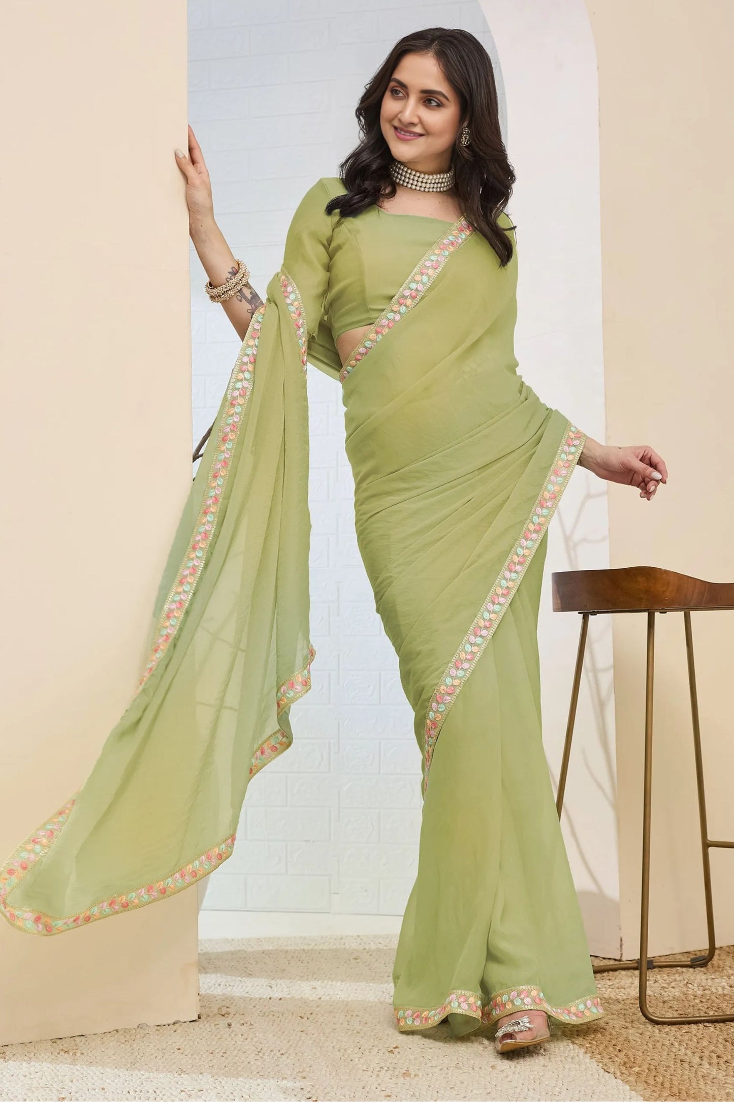 Pastel Green Designer Saree Embroidered Border Ready To Wear
