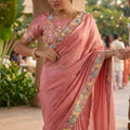 Peach Organza Silk Saree Floral Embroidered Border Designer Blouse