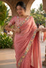 Peach Organza Silk Saree Floral Embroidered Border Designer Blouse