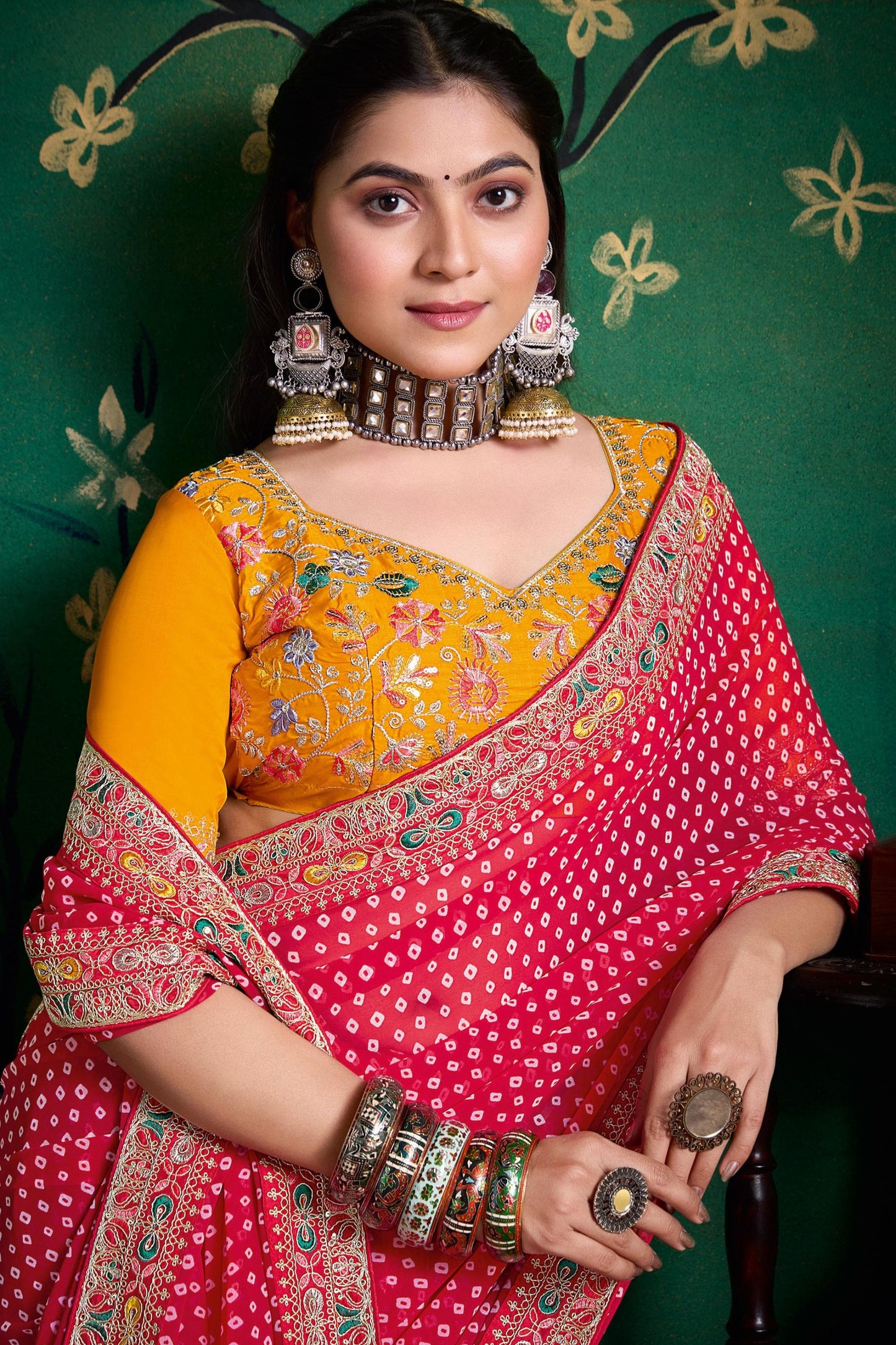 Pink Bandhej Georgette Saree and Yellow Designer Blouse