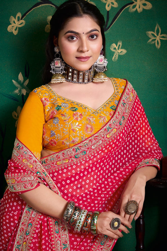 Pink Bandhej Georgette Saree and Yellow Designer Blouse