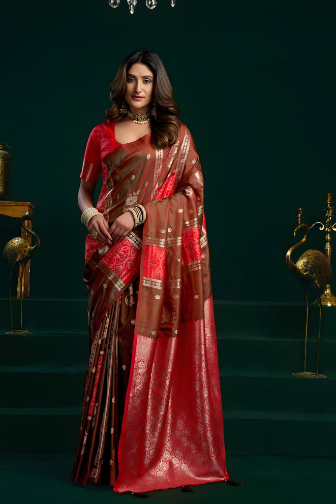 Luxury Red Coffee Brown Soft Silk Saree with Zari Woven Border 