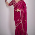 Designer Rani Pink Georgette Saree Heavy Embroidered Border Sequins Work