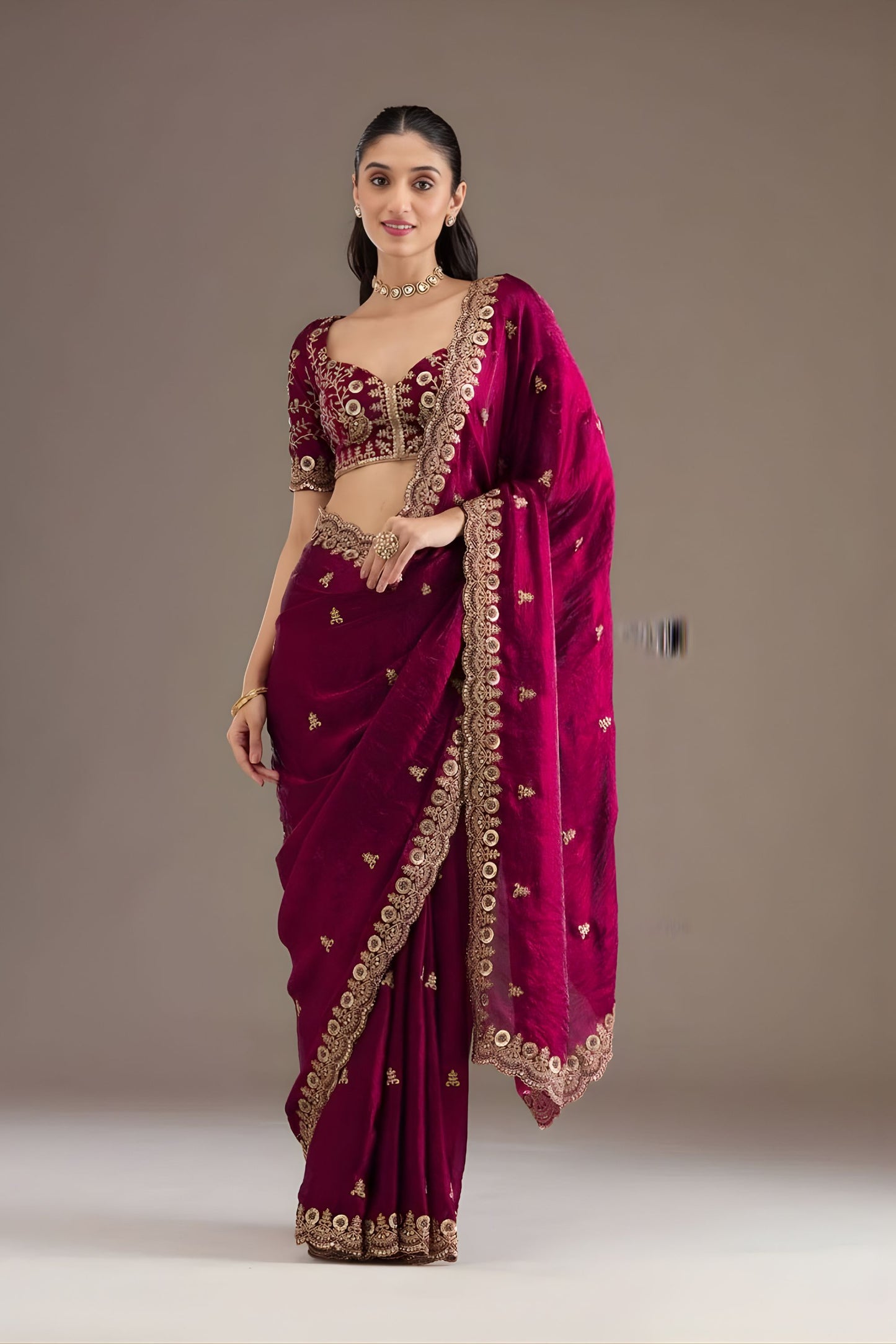 Wine Red Silk Saree with Heavy Zari Embroidery Border Designer Blouse