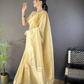 Golden Beige Linen Silk Saree with Woven Zari Border Tassel Pallu