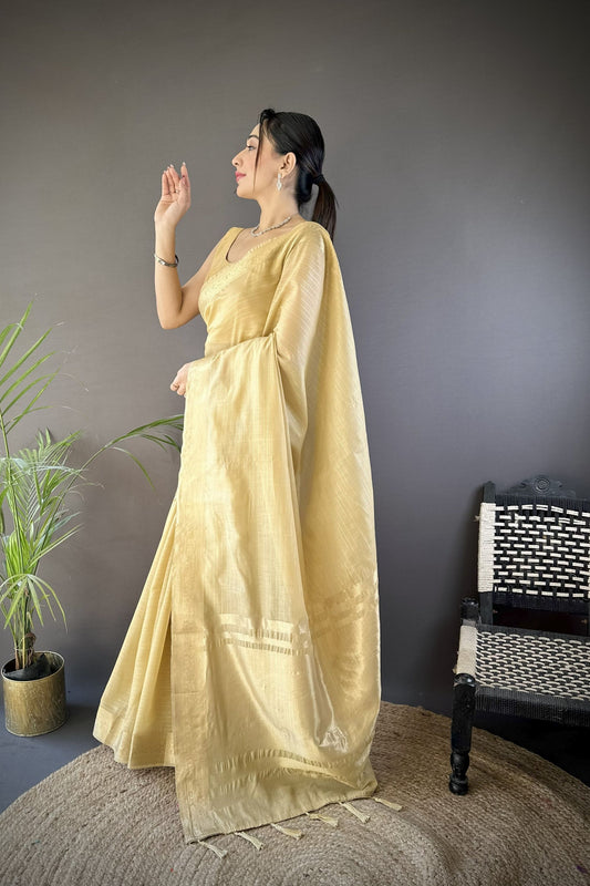 Golden Beige Linen Silk Saree with Woven Zari Border Tassel Pallu