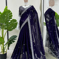 Navy Blue Embroidered Net Designer Saree Sequins Work Blouse