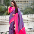 Grey Rani Pink Printed Saree with Designer Border Party Wear Saree