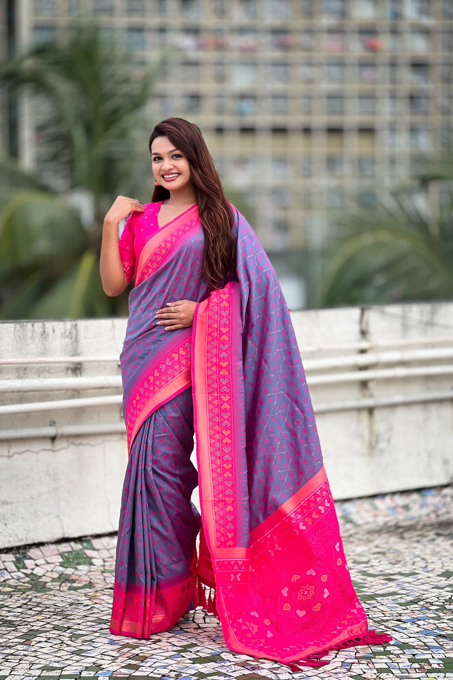 Grey Rani Pink Printed Saree with Designer Border Party Wear Saree