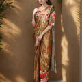 Golden Satin Floral Printed Saree with Matching Blouse Party Wear Saree