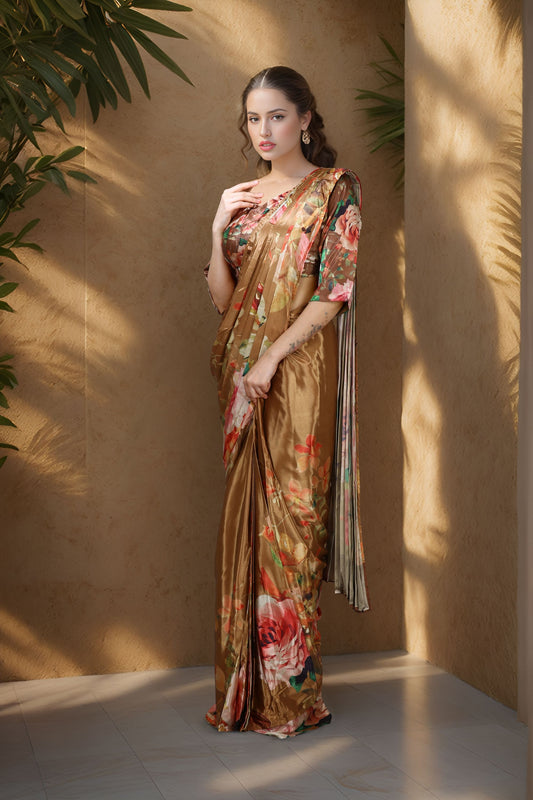 Golden Satin Floral Printed Saree with Matching Blouse Party Wear Saree