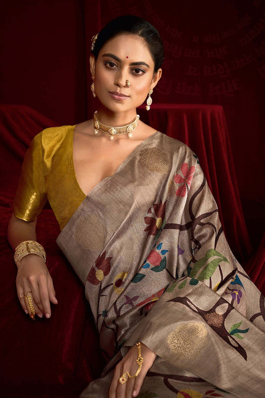 Grey Banarasi Silk Saree with Golden Blouse Festive Wear