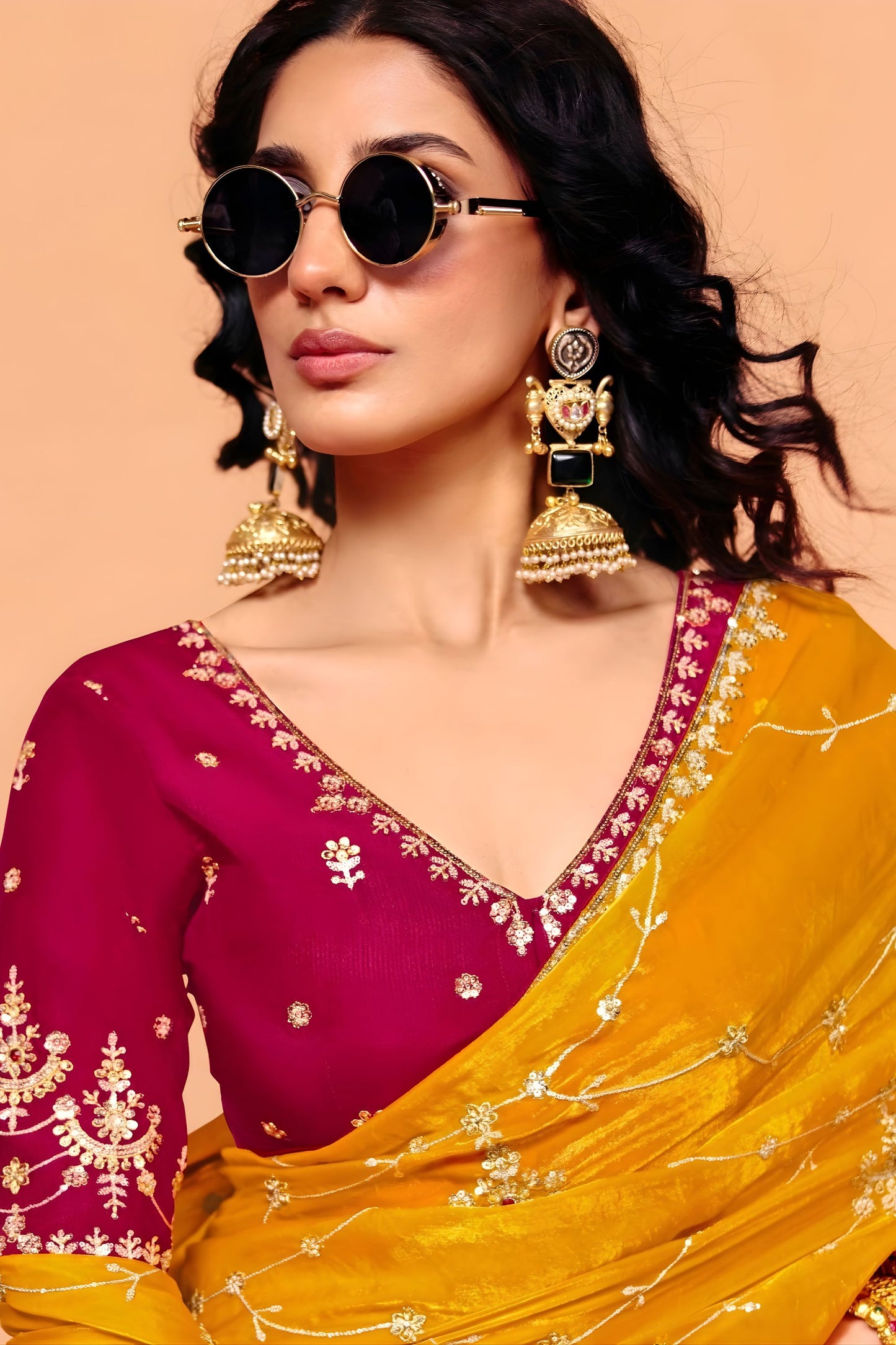 Designer Mustard Yellow Embroidered Saree Sequence Work