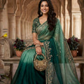 Green Ombre Saree with Gold Embroidered Border Designer Saree