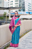 Teal Blue Banarasi Patola Silk Saree with Pink Zari Border Pallu