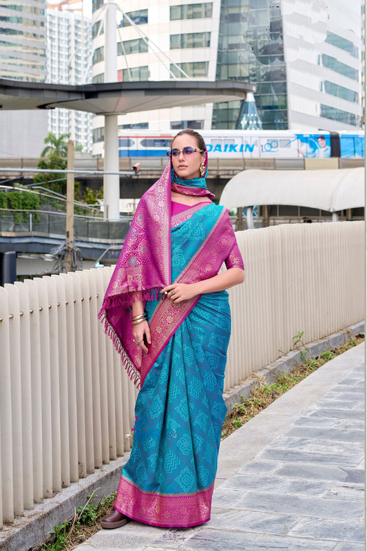 Teal Blue Banarasi Patola Silk Saree with Pink Zari Border Pallu