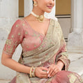 Peach Sage Green Embroidered Designer Silk Saree with Sequins Work