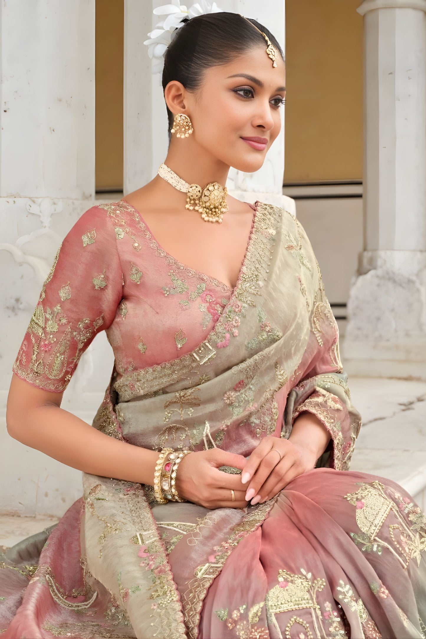 Peach Sage Green Embroidered Designer Silk Saree with Sequins Work