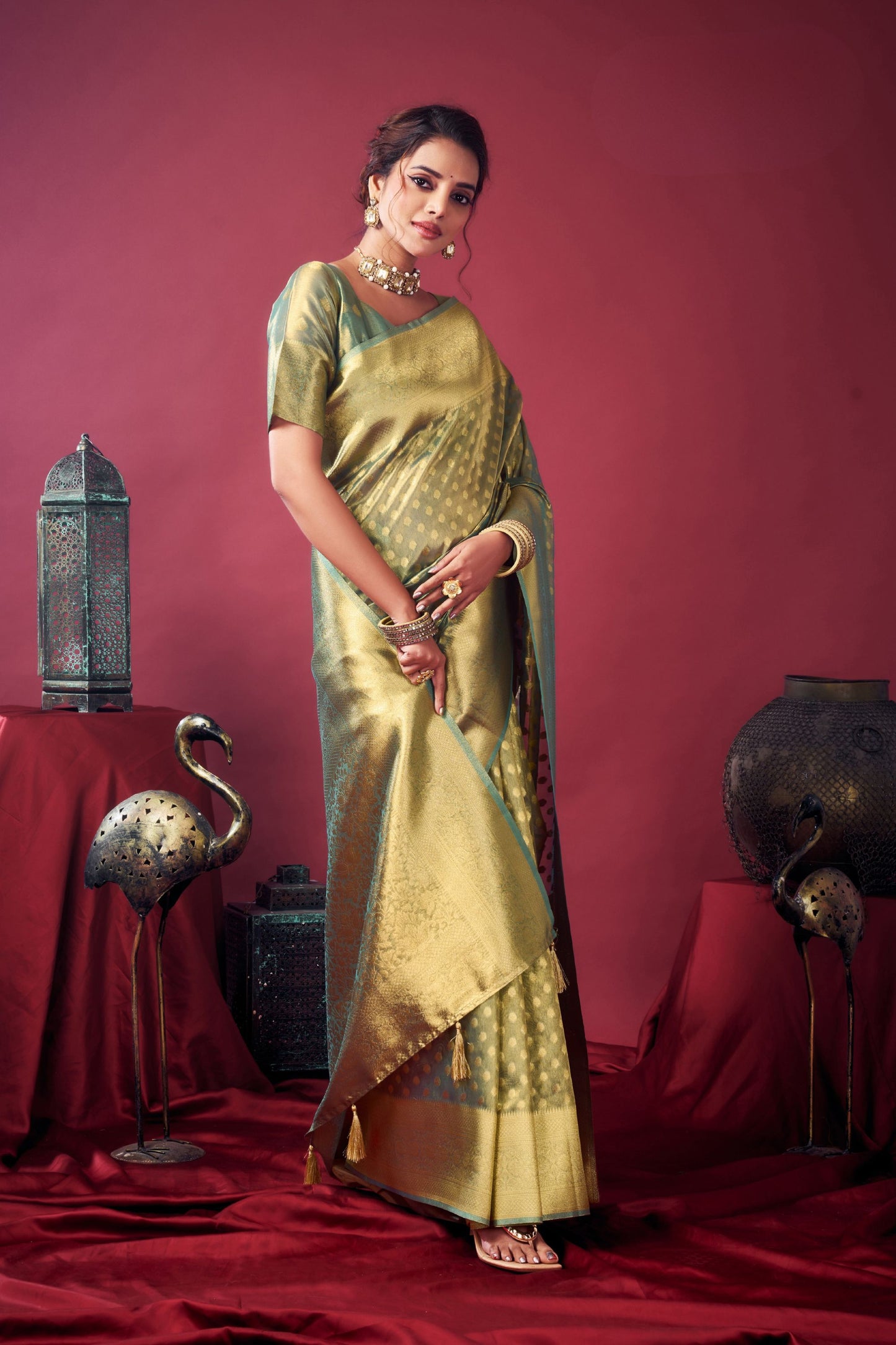 Mint Green Banarasi Silk Saree Golden Zari Woven Border Designer Blouse