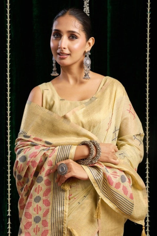 Elegant Beige Handloom Cotton Saree with Woven Geometric Motifs