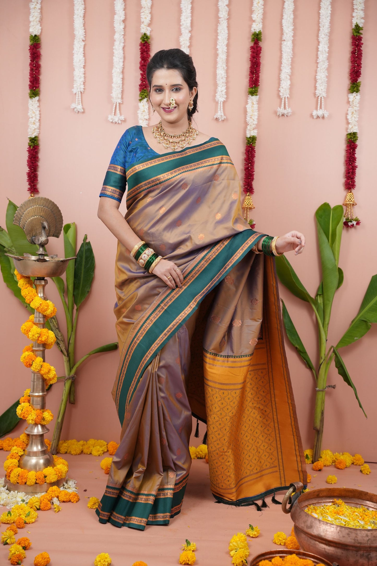 Mauve Silk Saree with Green Woven Border Traditional Design