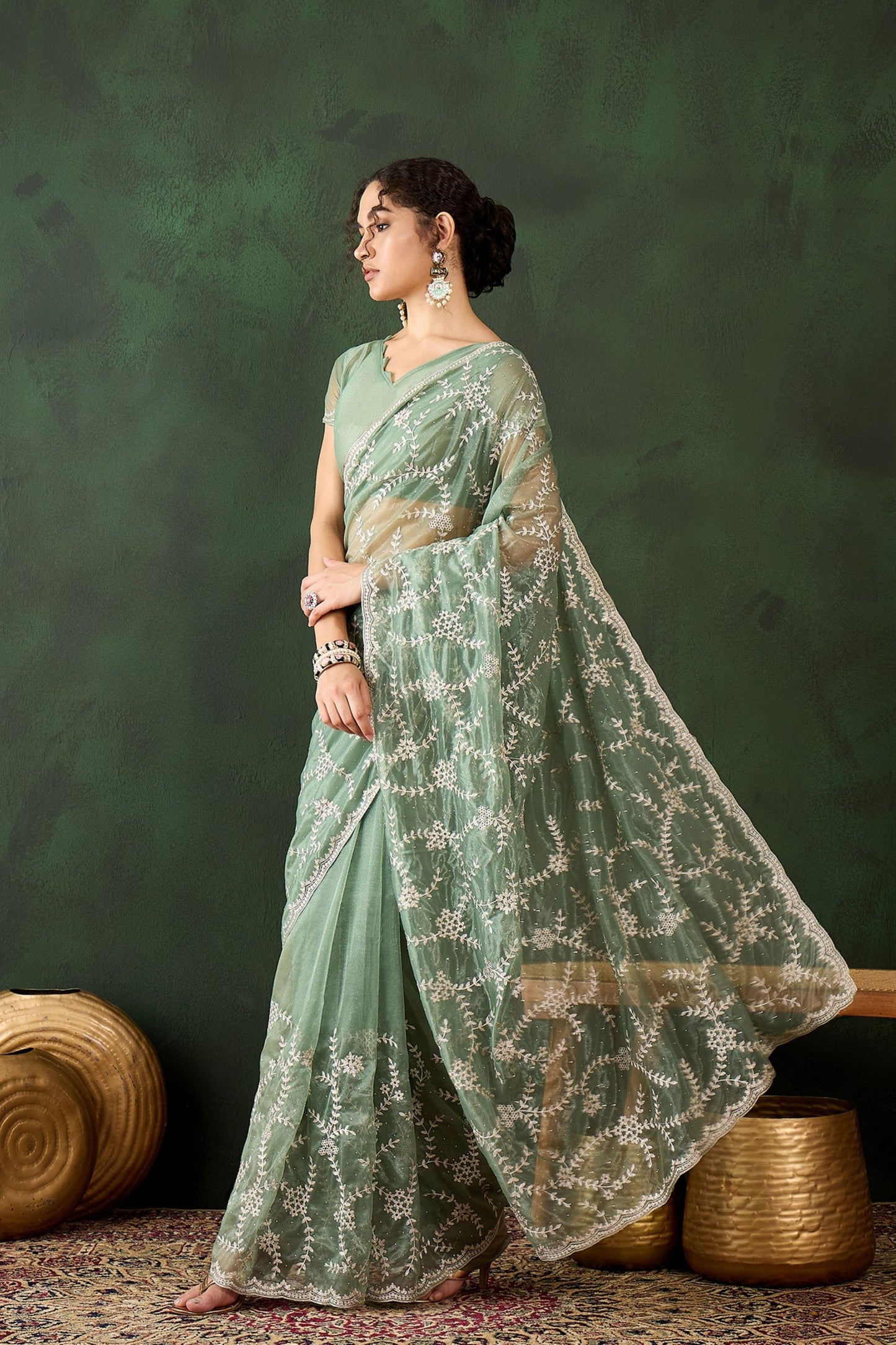 Mint Green Net Embroidered Saree Designer Saree