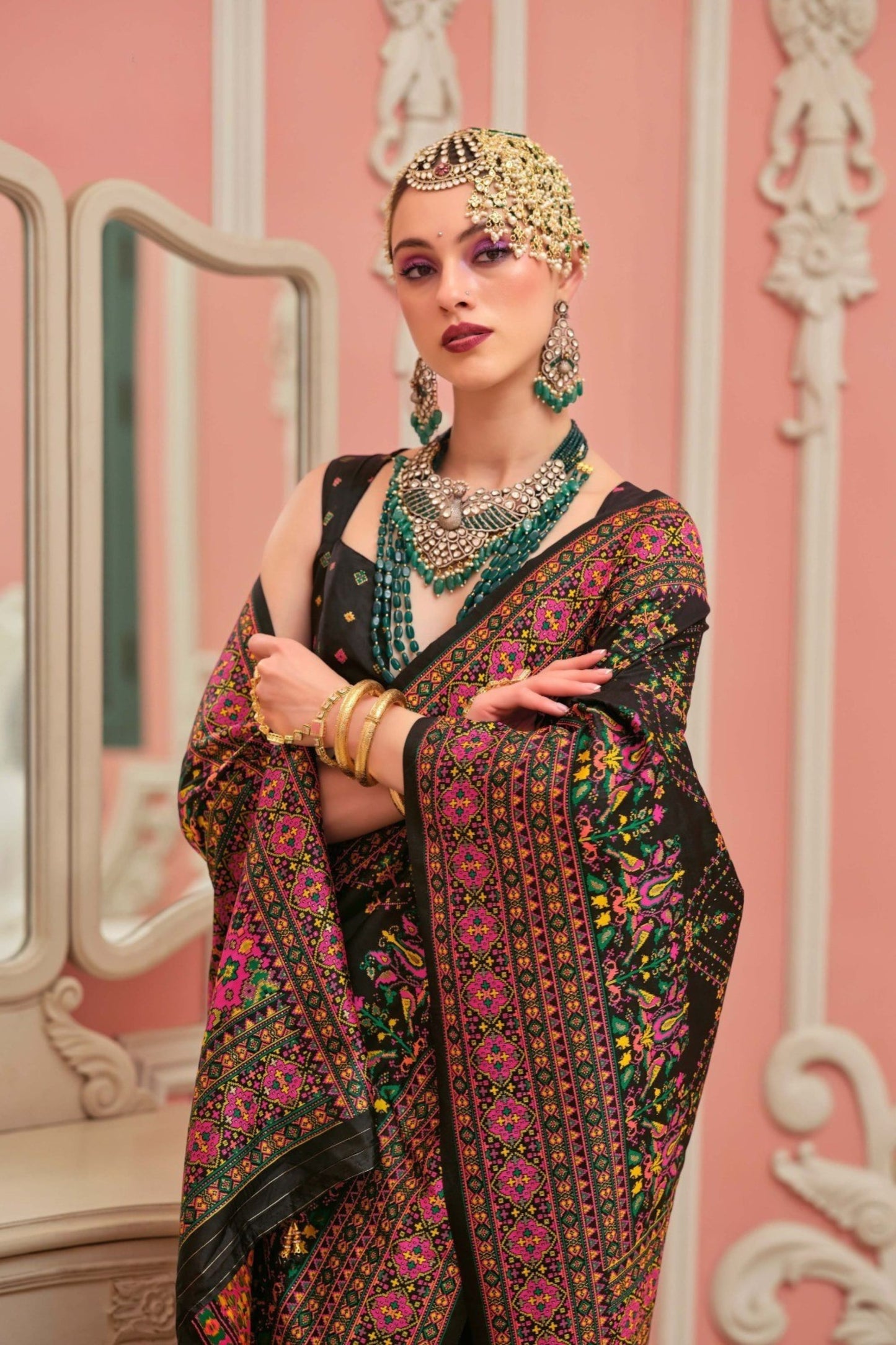 Black Gujarati Patola Silk Saree with Multicolor Traditional Designer Blouse