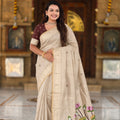 Beige Linen Silk Saree with Hand Painted Lotus Pallu Designer Blouse
