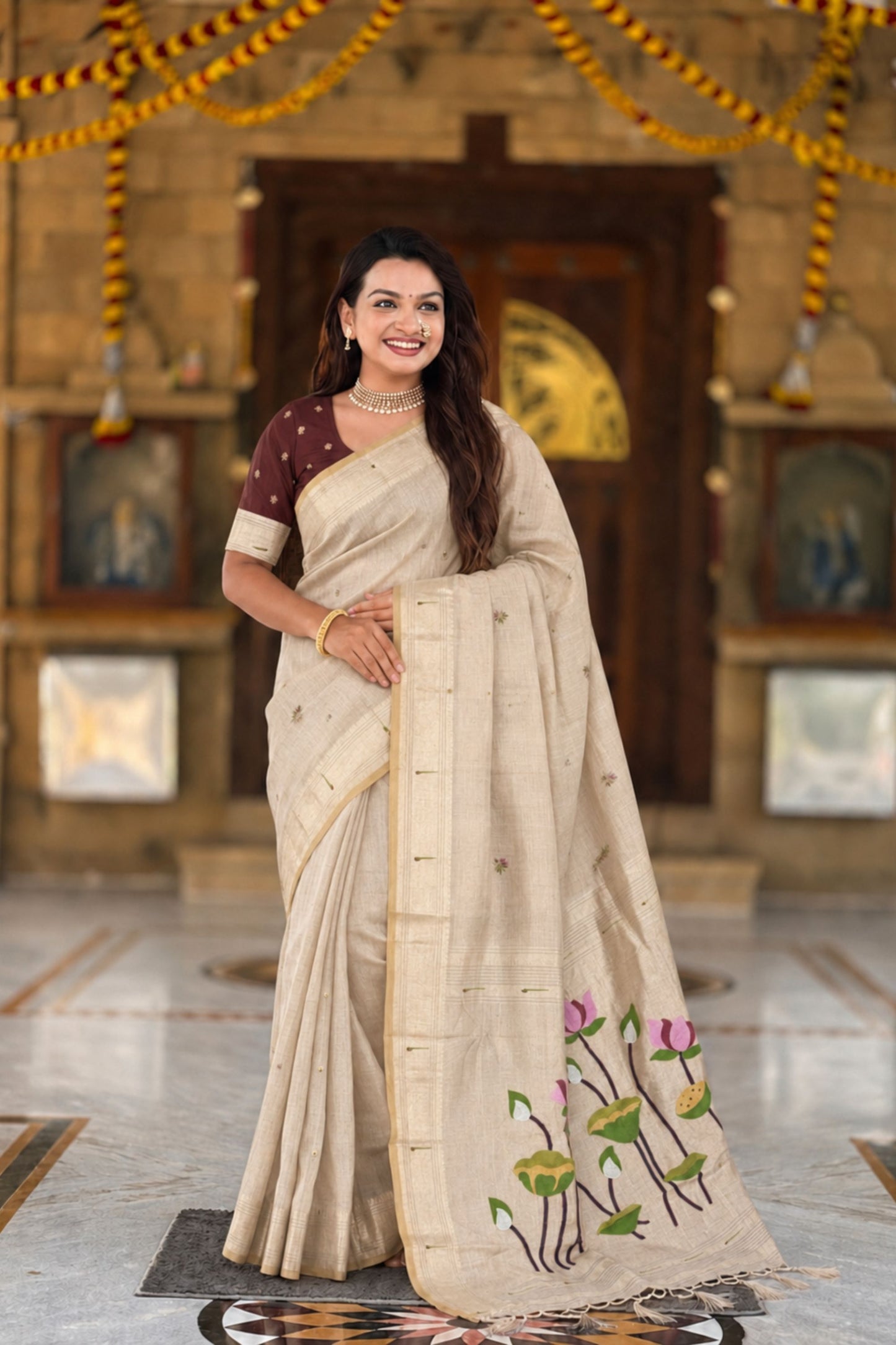 Beige Linen Silk Saree with Hand Painted Lotus Pallu Designer Blouse