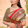 Red Olive Green Silk Blend Saree with Traditional Woven Border