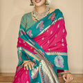 Rani Pink Teal Green Banarasi Silk Saree with Rich Gold Zari Border