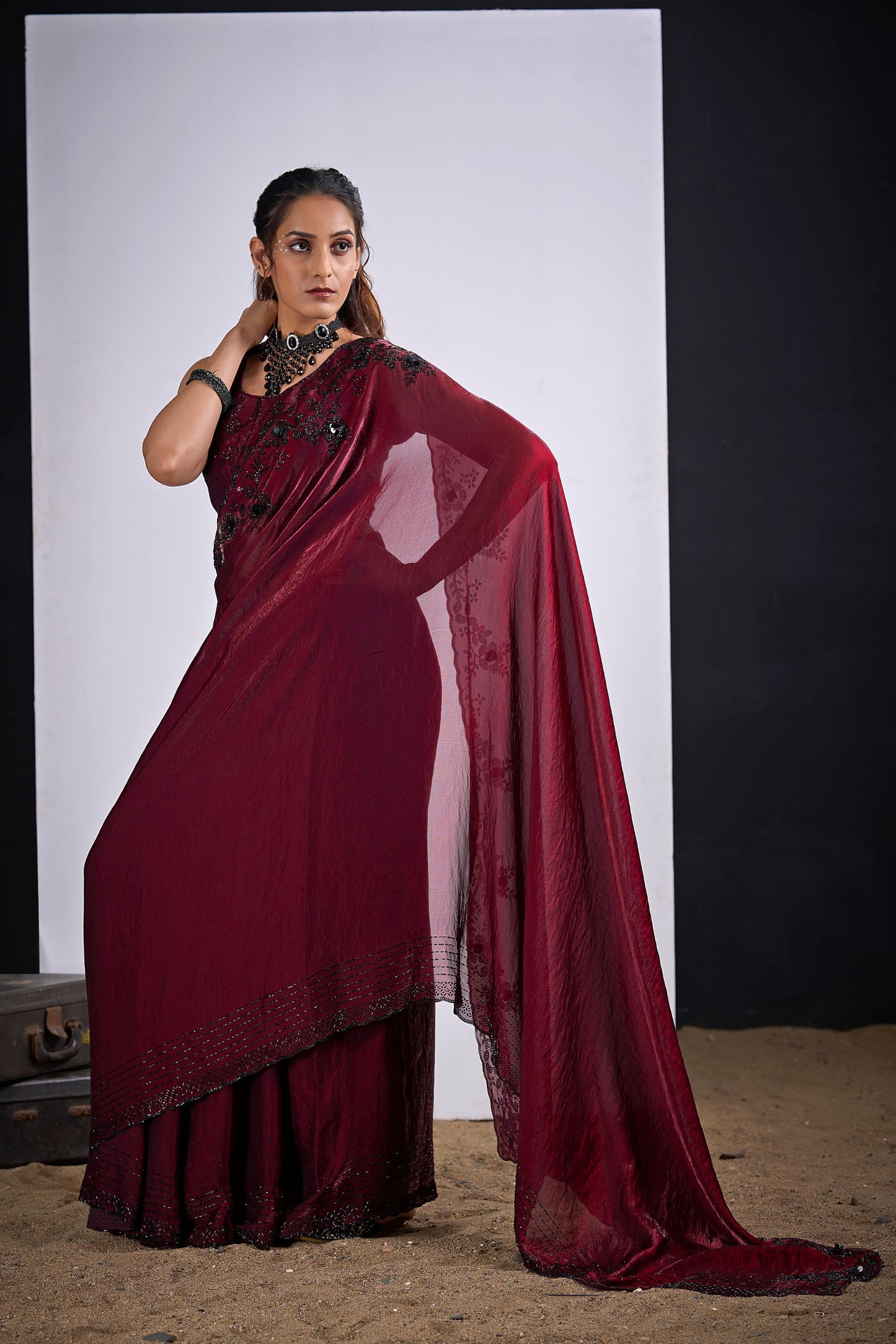 Wine Red Organza Silk Saree with Black Embroidered Blouse