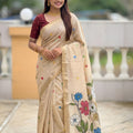 Beige Linen Silk Saree with Floral Print Woven Border