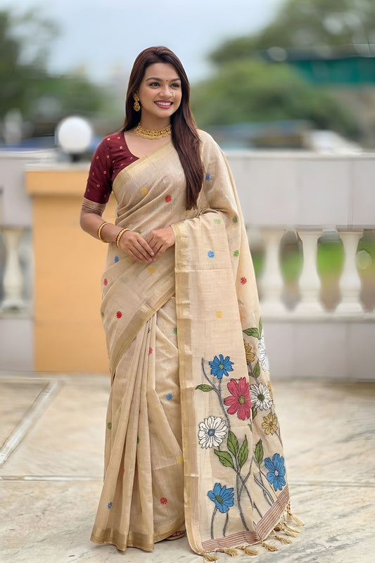 Beige Linen Silk Saree with Floral Print Woven Border