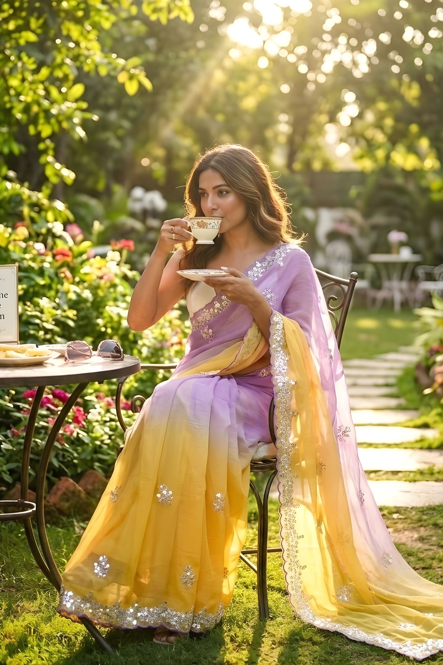 Lavender Yellow with Embroidered Border Lightweight Party Wear Saree