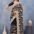 Black Floral Embroidered Net Saree with Designer Border