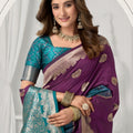 Royal Purple Banarasi Silk Saree Gold Zari Butti Teal Woven Border