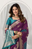 Royal Purple Banarasi Silk Saree Gold Zari Butti Teal Woven Border